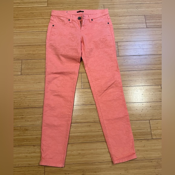 Sisley Super Skinny Flower Textured Jeans Coral Size 26 - Picture 1 of 9
